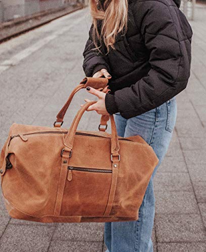 Grand sac de voyage fourre-tout en cuir marron clair vintage pour femme