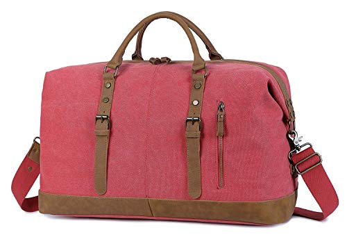 Sac de voyage fourre-tout en cuir et toile, marron et rose look vintage pour femme, style baroudeur et vacancier, Evervanz