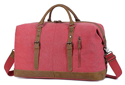 Sac de voyage fourre-tout en cuir et toile, marron et rose look  vintage pour femme, style baroudeur et vacancier, Evervanz