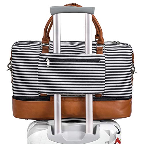 Sac de voyage fourre-tout rayé en toile et en cuir PU marron pour femme avec bandoulière S-Zone avec passant pour valise trolley