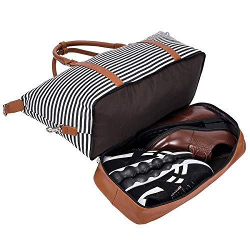 Sac de voyage fourre-tout rayé en toile et en cuir PU marron pour femme avec bandoulière S-Zone avec compartiment chaussures
