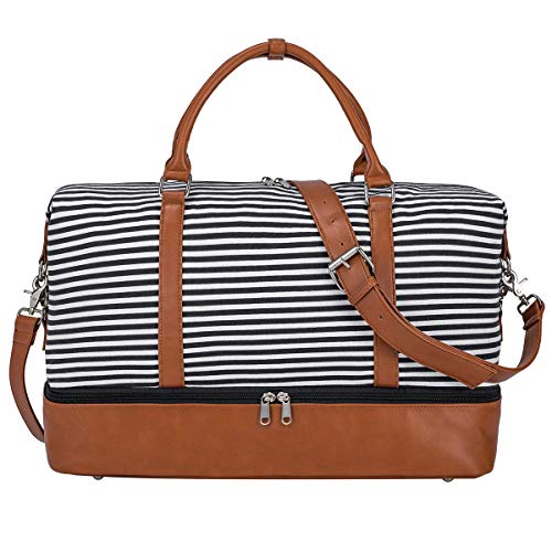 Sac de voyage fourre-tout rayé en toile et en cuir PU marron pour femme avec bandoulière S-Zone