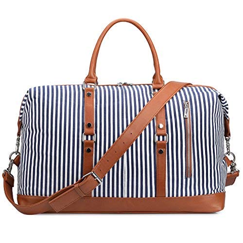 Grand sac de voyage fourre-tout rayé en toile et en cuir PU marron pour femme avec bandoulière S-Zone