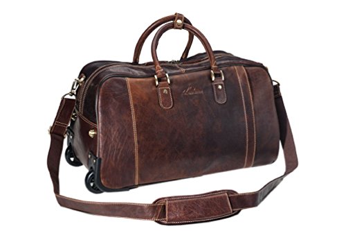 Sac de voyage cabine à roulettes et manche trolley rétractable , en cuir de buffle marron foncé, 51 x 30 x 26 centimètres