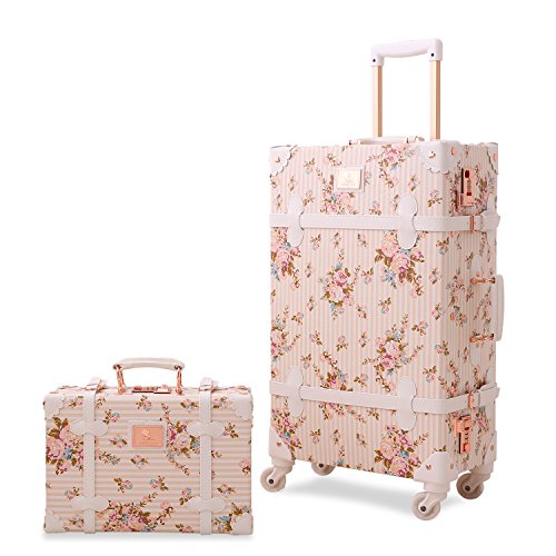 Valise cabine Unitravel rétro avec imprimé floral fond rose de 55cm et sa mallette assortie de 30 cm