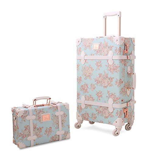 Valise cabine Unitravel rétro avec imprimé floral fond bleu de 55cm et sa mallette assortie de 30 cm